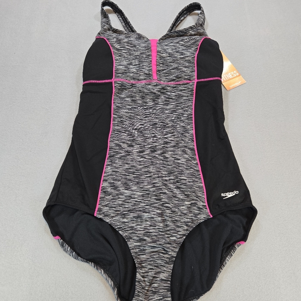 Speedo One Piece Swimsuit Womens 16 Black Gray Pink Space Dye Fitness 7238553